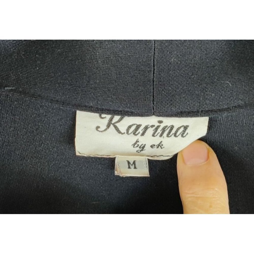 Vtg 80s Black Blazer Leather Shoulder Accent Knit Sz M Karina Open Front Jacket - Picture 8 of 10